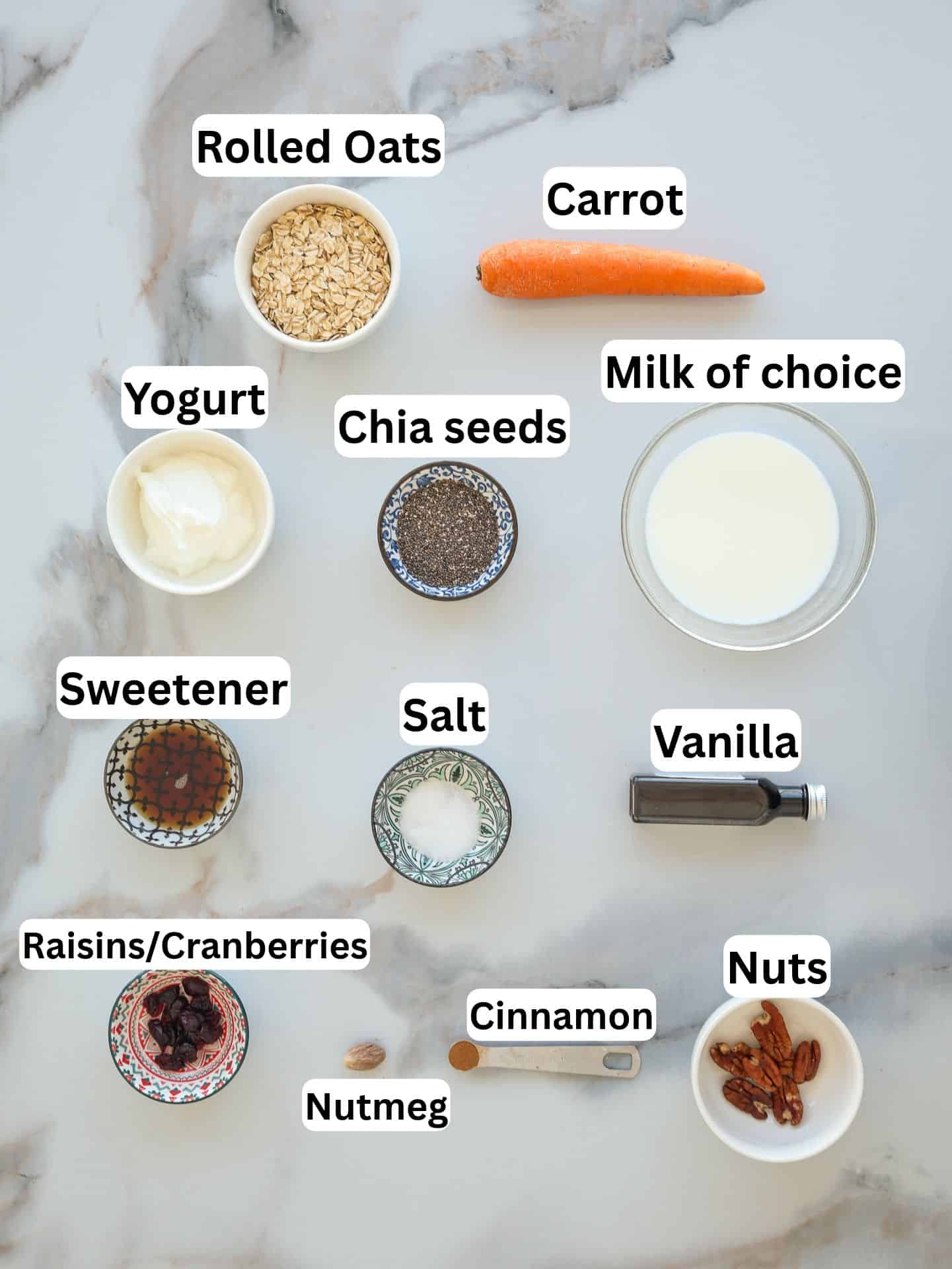 Ingredients for carrot cake overnight oats arranged on a surface, labeled: rolled oats, carrot, yogurt, chia seeds, milk, sweetener, salt, vanilla, dried fruit, nutmeg, cinnamon, and nuts.